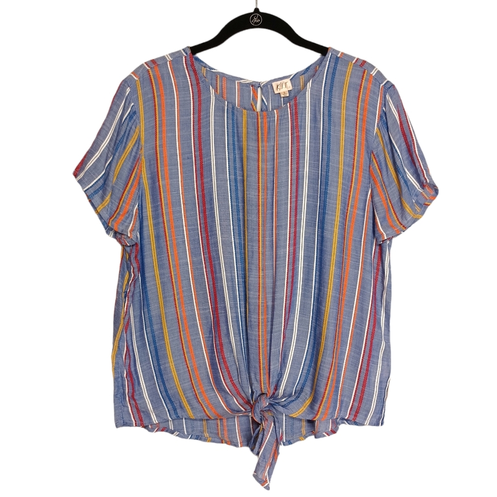 K.I.T Colorful Rainbow Thin Stripe Short Sleeve Light Blue Front Tie Top Large